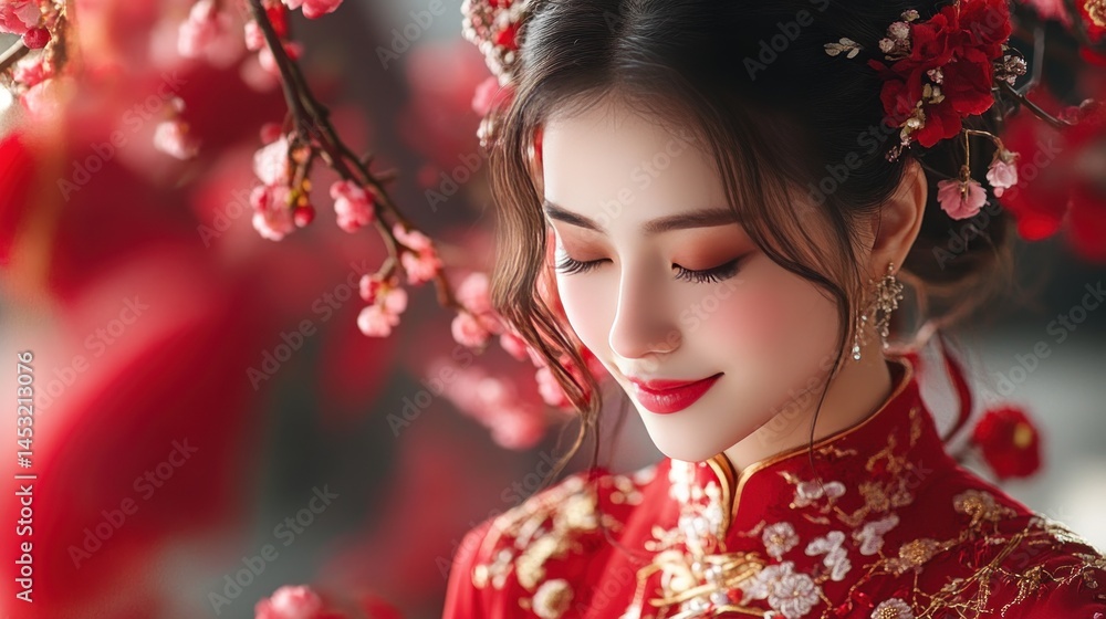 Fototapeta premium Elegant Chinese Bride in Red Traditional Dress