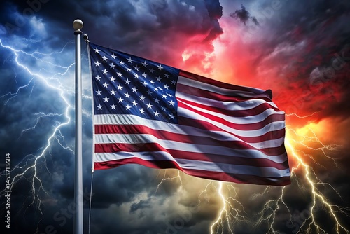 United States flag waving against a stormy sky with lightning strikes
