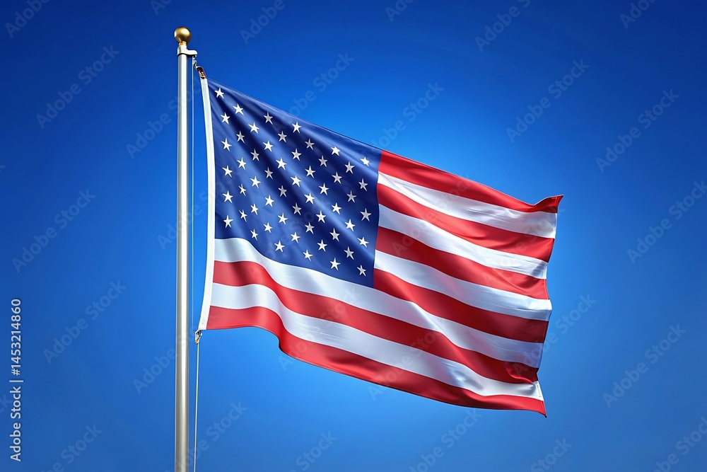 Obraz premium Vibrant American Flag Waving Proudly Against a Clear Blue Sky Background