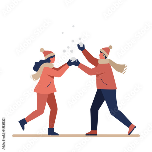 Couple having a snowball fight, Winter setting, Winter fun, leisure, Relationship bonding. Lifestyle blogs, advertising, seasonal content