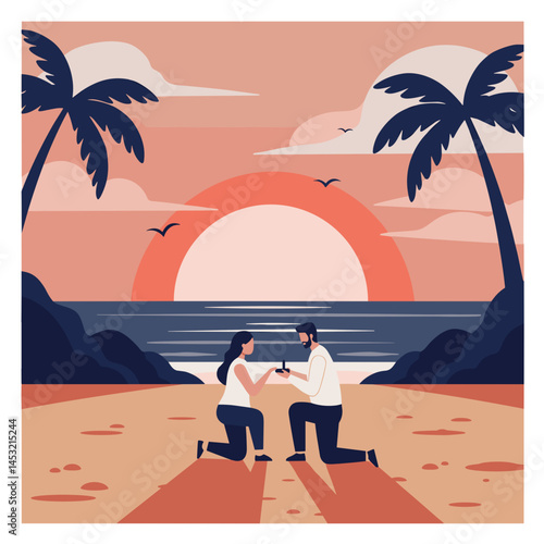 Couple proposing at sunset on tropical beach with palm trees, Engagement, Romance, Travel, Weddings, Advertising