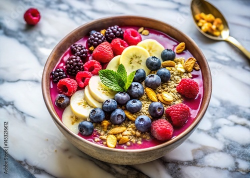 Vibrant Smoothie Bowl with Fresh Berries & Granola on Marble