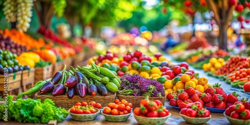Vibrant Tilt-Shift Photo of Fresh Fruits & Vegetables Market Stall