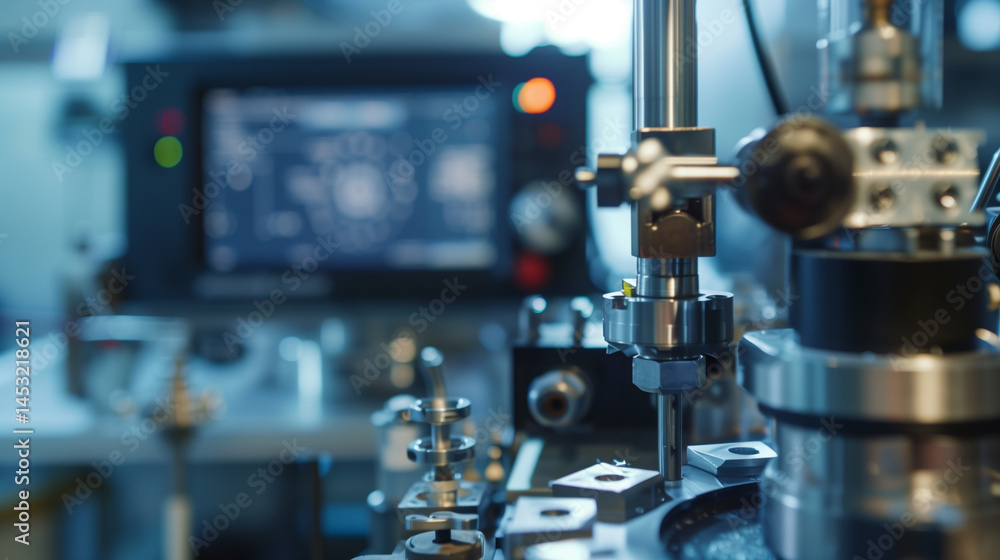 Engineer performing precision calibration checks on high-tech manufacturing equipment, focusing on detailed machinery and industrial technology in a professional factory environment. Engineer performing precision calibration checks on high-tech manufacturing equipment, focusing on detailed machinery and industrial technology in a professional factory environment.