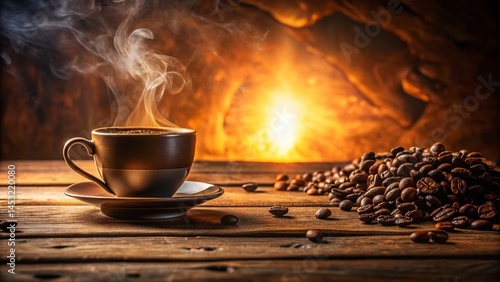 Warm Aromatic Coffee Steam Rising from Wooden Table - Cozy Autumn Morning Drink