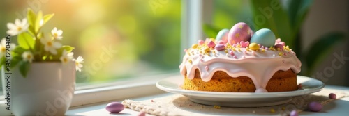 Easter cake, pastel icing, decorated eggs, sunlit windowsill, celebration, food, blue