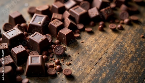 Dark chocolate chunks scattered on rustic wood, chocolate, rich, wooden surface