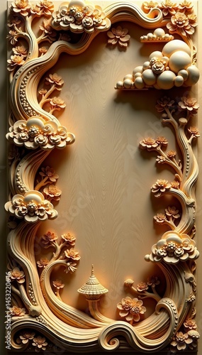 Intricate auspicious cloud wood carving detail , prosperity, spiritual