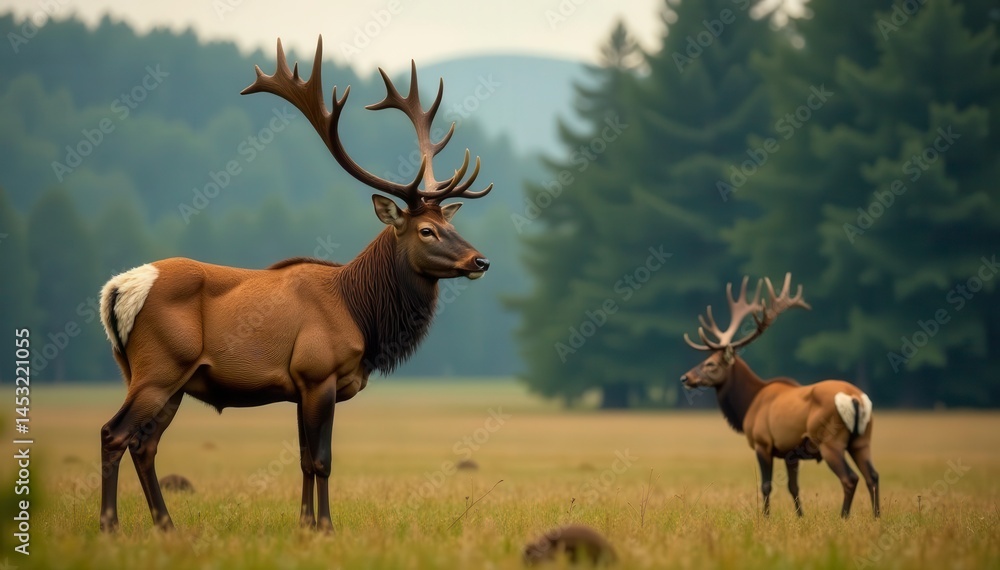 Fototapeta premium Two large deer lock antlers, aggressive standoff, rivalry, scene, competition