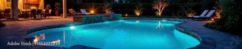 Gleaming LED lights illuminate a backyard pool, resort, residential