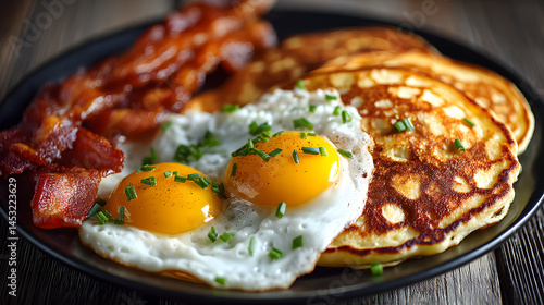 Pancakes, Bacon, and Eggs on Breakfast Plate Close-Up
