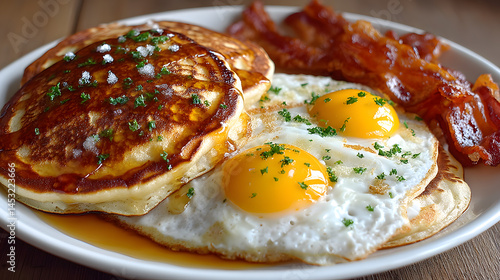 Pancakes, Bacon, and Eggs on Breakfast Plate Close-Up
