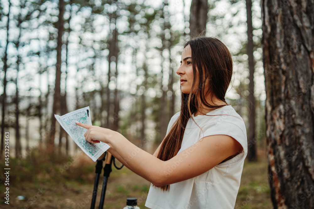 Naklejka premium Young caucasian woman take a break from hike to look at map and drink water