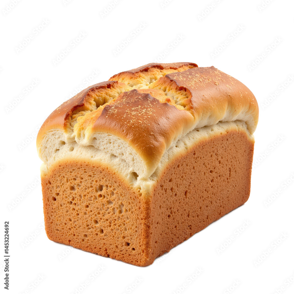 A freshly baked loaf of golden-brown bread with a crispy crust and soft interior. A freshly baked loaf of golden-brown bread with a crispy crust and soft interior.