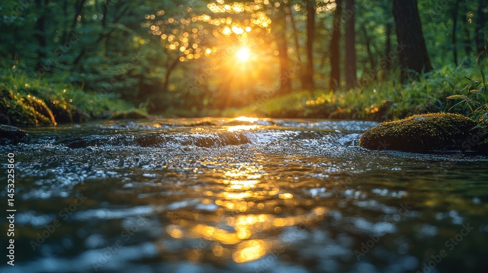 Golden sunlight streams through forest on a tranquil creek Golden sunlight streams through forest on a tranquil creek