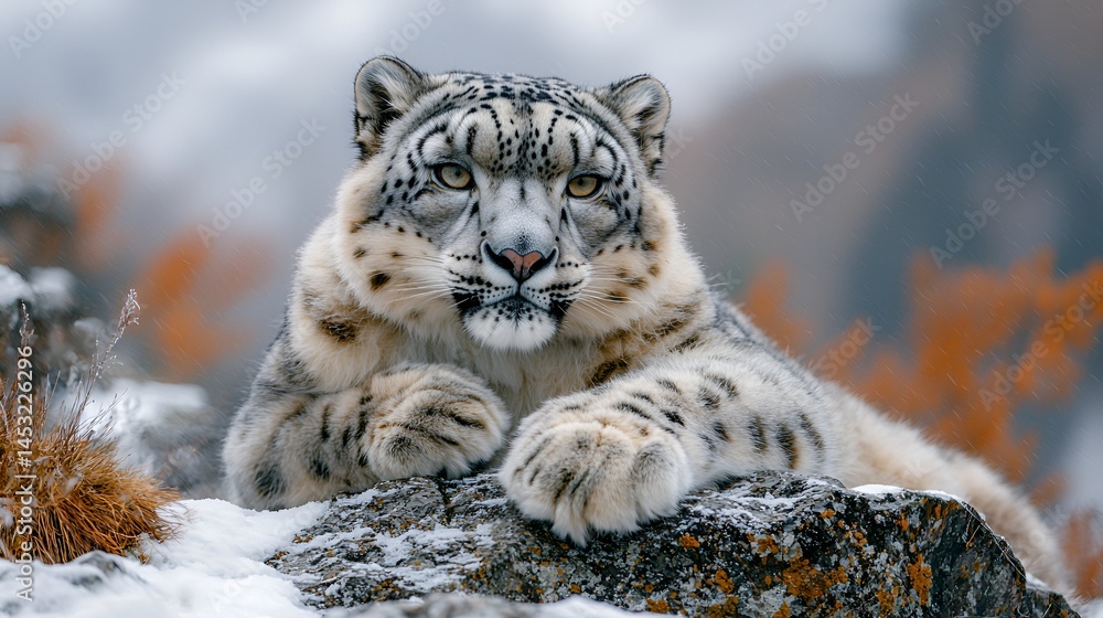 Fototapeta premium Majestic snow leopard resting on snowy rocks.