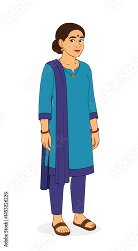 Indian Woman in Suit & Salwar - 1/3 Front View Character Illustration | 2D Animation Design.
