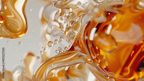 Abstract liquid swirls, amber and translucent.  Detailed fluid motion and bubbles
