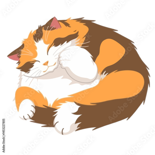 Sleeping cartoon calico cat curled up peacefully