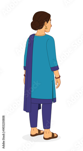Indian Woman in Suit and Salwar - 1/3 Back View Character Illustration | 2D Animation Design.
