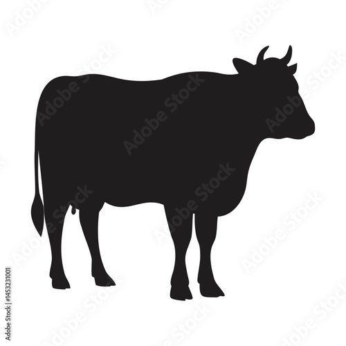 A black vector illustration shows a farm animal silhouette of a bull and a cow