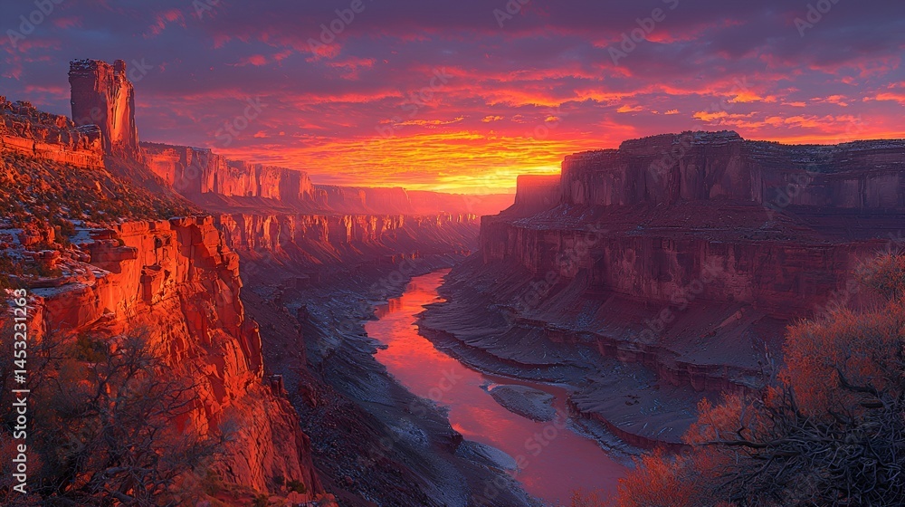 Fototapeta premium Fiery sunrise over a snow-dusted canyon river.