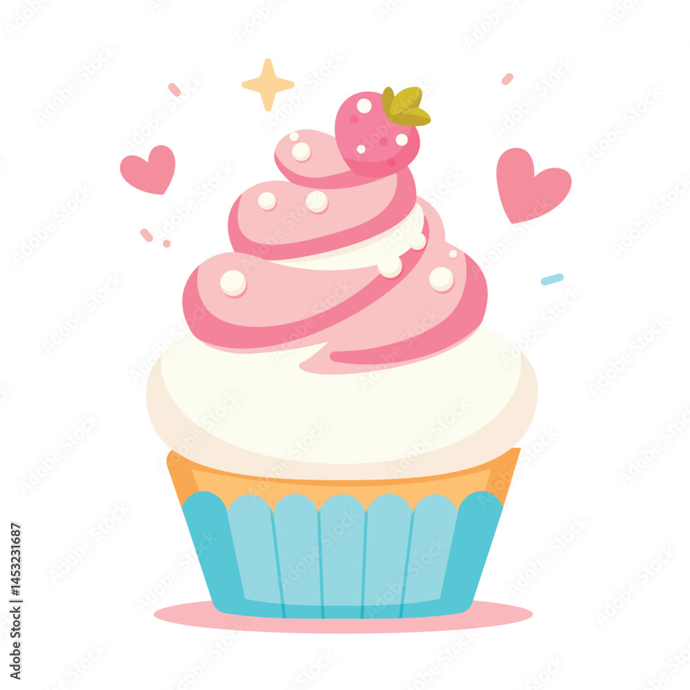 Delicious cupcake with cherry on top, in flat vector style. Vector festive sweet desserts for a birthday or small celebration Delicious cupcake with cherry on top, in flat vector style. Vector festive sweet desserts for a birthday or small celebration