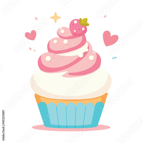 Delicious cupcake with cherry on top, in flat vector style. Vector festive sweet desserts for a birthday or small celebration 