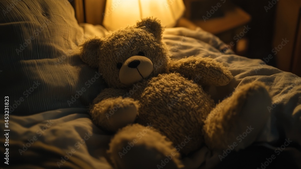 Fearful Child Embracing Teddy Bear in Stormy Night, Captured Fearful Child Embracing Teddy Bear in Stormy Night, Captured