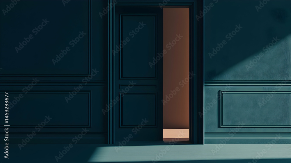 Fototapeta premium Modern interior design with dark teal walls and minimalist black door