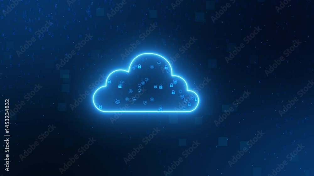 Digital cloud computing visual with glowing network connections with security icon
