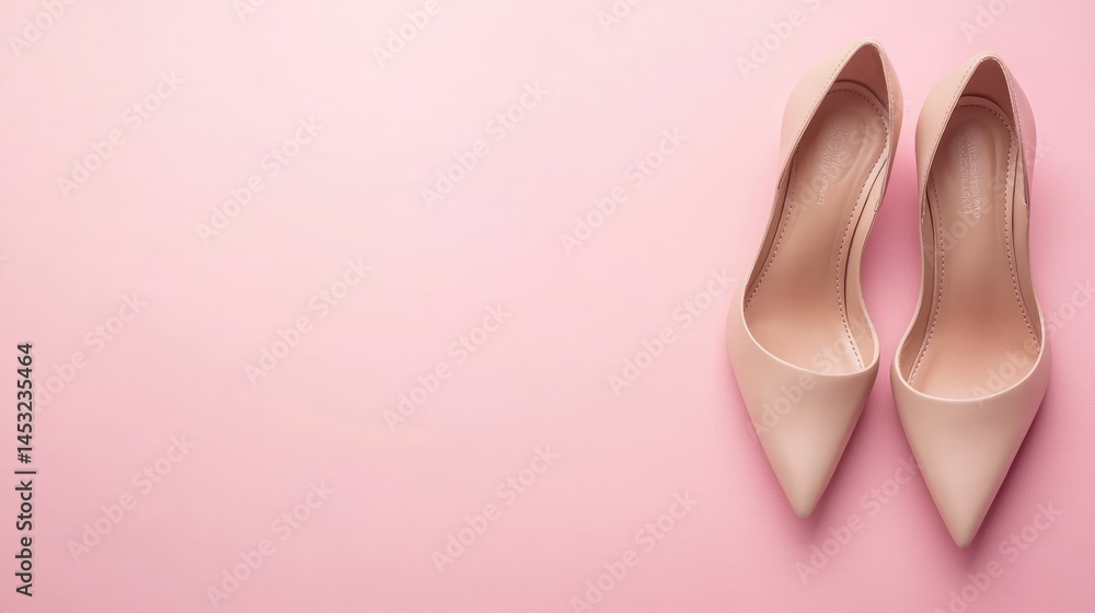 Pair of Nude Pointed Heels on Pink Background Pair of Nude Pointed Heels on Pink Background