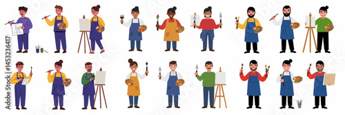 Various Cartoon Artists with Easels, Canvases, and Painting Tools Set

