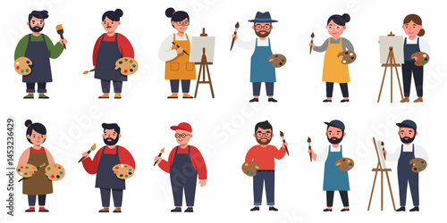 Collection of Cartoon Painters and Artists with Art Supplies Illustrations

