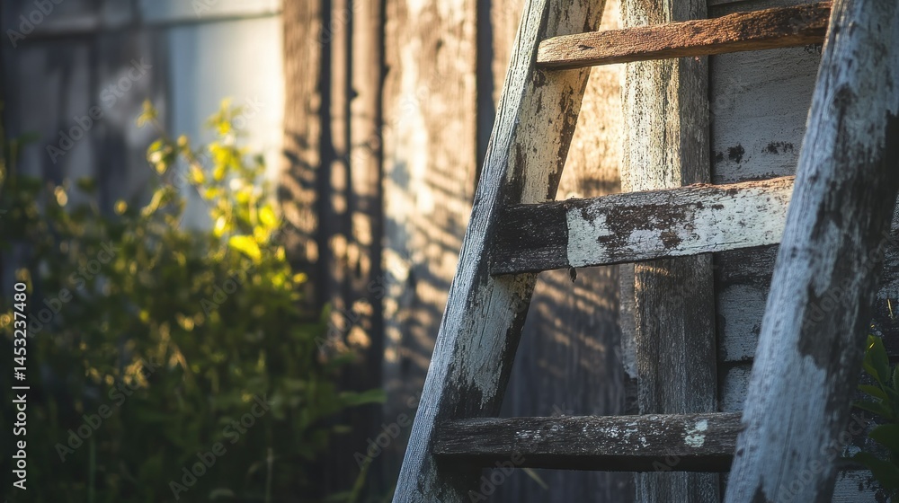 Obraz premium An old weathered wooden ladder leans against a textured wall