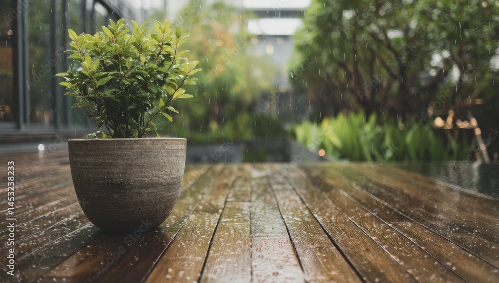 Fototapeta premium Potted plant on a wet wooden deck in the rain creating a calming scene