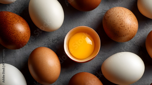 White and Brown Eggs Arranged in Pattern with One Open Egg Showing Yolk, Top View Flat Lay
