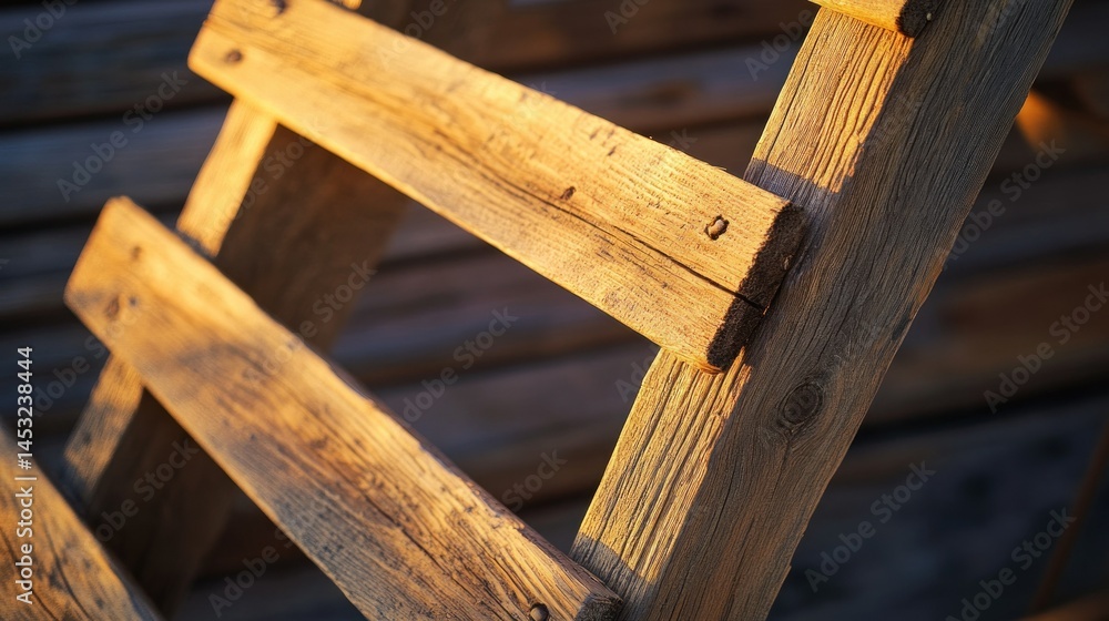 An old wooden ladder with visible grain and details in sunlight An old wooden ladder with visible grain and details in sunlight
