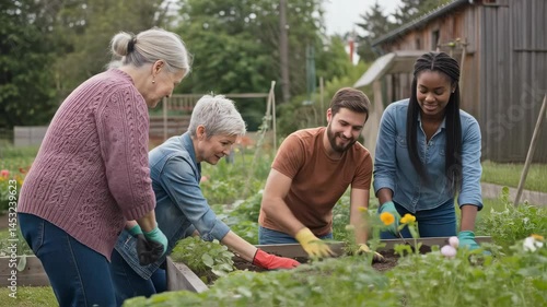 Wallpaper Mural Intergenerational community gardening: Diverse group planting vegetables together. Seniors and young adults collaborate in sustainable agriculture project Torontodigital.ca