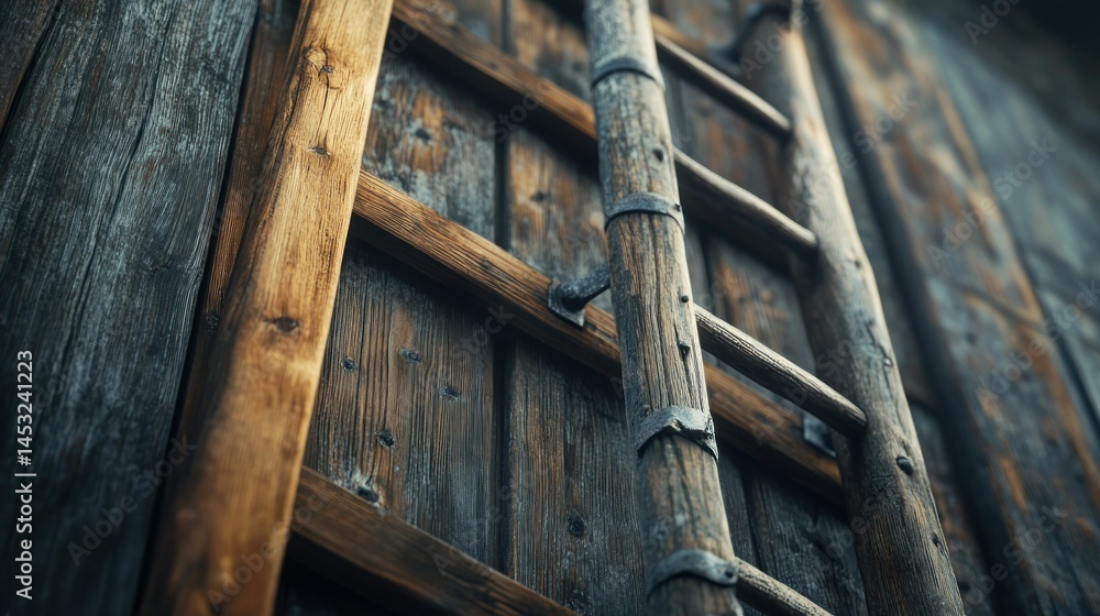 Rustic wooden ladder leaning against a weathered wooden wall Rustic wooden ladder leaning against a weathered wooden wall