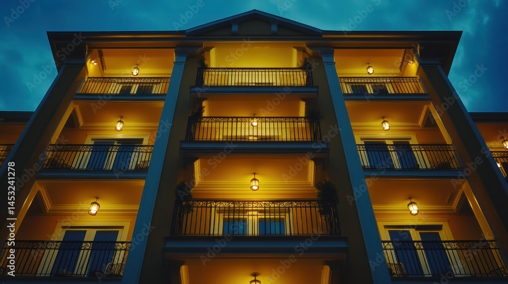 Fototapeta premium The upward view of a building with lighted balconies at night