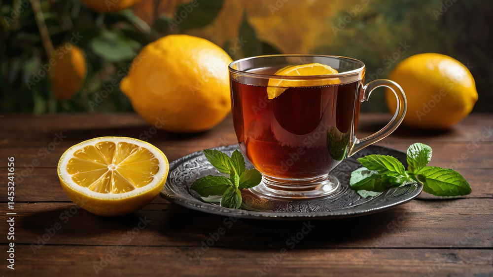 close up of a steaming hot glass of tea with fresh lemon slices and aromatic mint leaves close up of a steaming hot glass of tea with fresh lemon slices and aromatic mint leaves