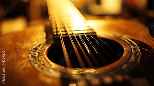 Close-up of an acoustic guitar emphasizing strings and resonating sound hole