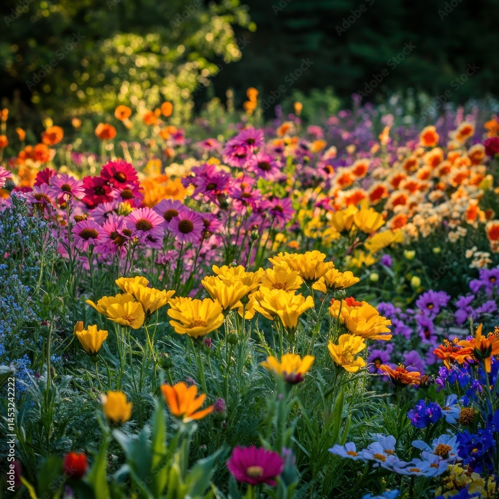 A vibrant garden bursting with various colorful blooming flowers A vibrant garden bursting with various colorful blooming flowers