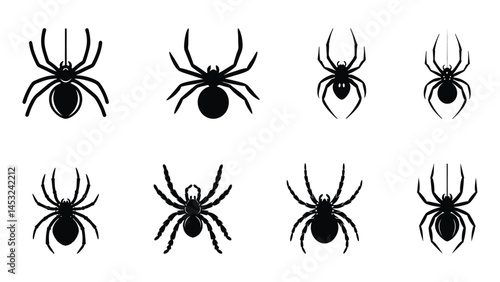 set of black silhouettes of spider vector icon