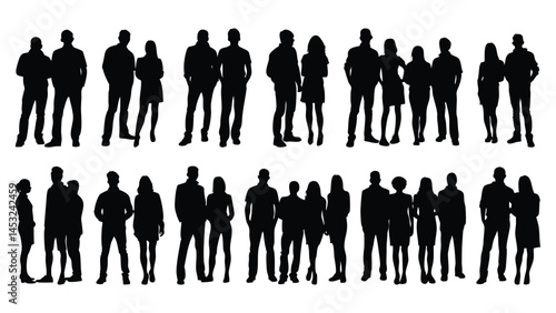 Collection of people standing silhouette, business people silhouettes, group of business people