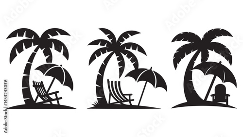 Set of black silhouettes of topical beach with palm tree, set of vector palms with beach chair