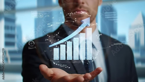 Business professional holding a digital chart depicting financial growth and investment success illustrating economic progress and market analysis in a modern environment