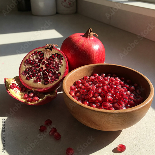 The pomegranate is peeled, and its seeds are spread out on in a bowl in the kitchen. One half of the pomegranate is cut, 