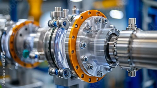 Close up of shiny industrial machine with bolts and orange flange, showcasing precision engineering in factory setting and intricate design.